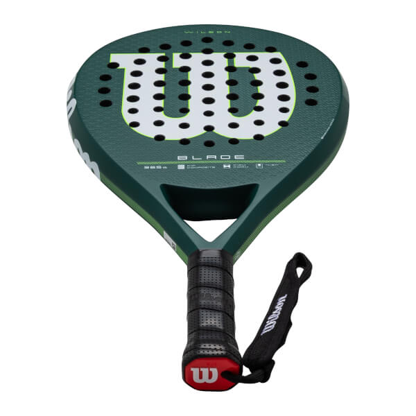 Front view of a green Wilson Blade padel racket with a large white "W" logo and black grip.