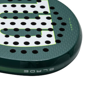 Corner view of a dark green paddle with a white "W" logo, black holes, and "BLADE" text.
