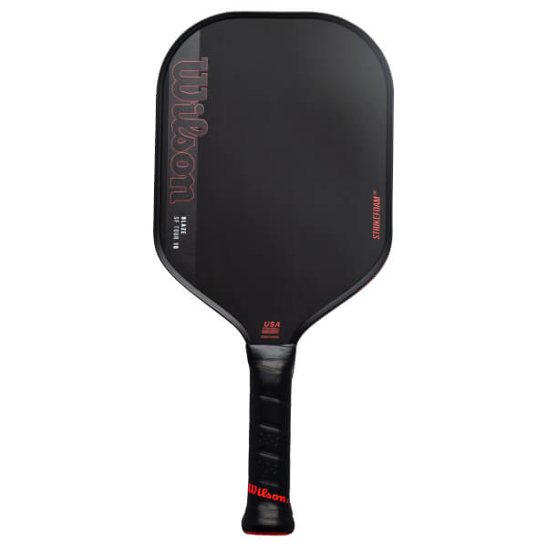 Front view of a black Wilson Blaze SF Tour 16 pickleball paddle with a large red vertical logo on the left and "STRIKEFOAM" printed along the right edge.