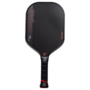 Front view of a black Wilson Blaze SF Tour 16 pickleball paddle with a large red vertical logo on the left and "STRIKEFOAM" printed along the right edge.