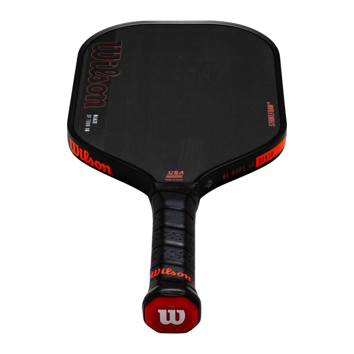 Bottom-up view of a Wilson Blaze SF Tour 16 pickleball paddle with a black face, orange STRIKEFOAM text, and a red logo on the handle’s butt cap.