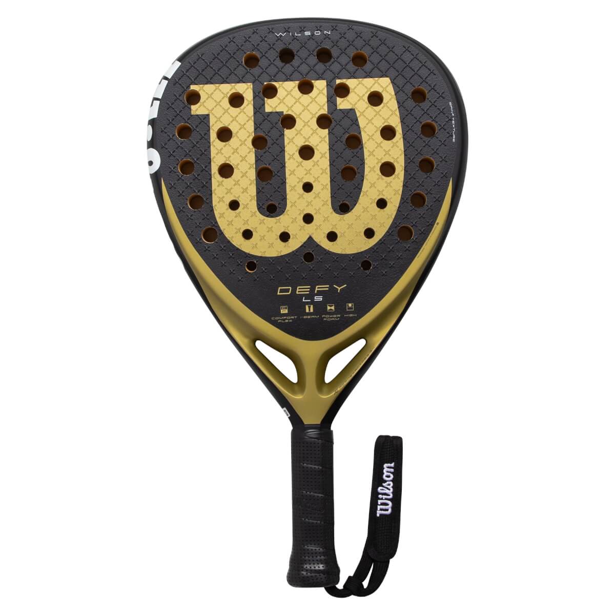 Front view of a black and gold padel racket with a large gold W logo, DEFY LS text, and a gold frame.