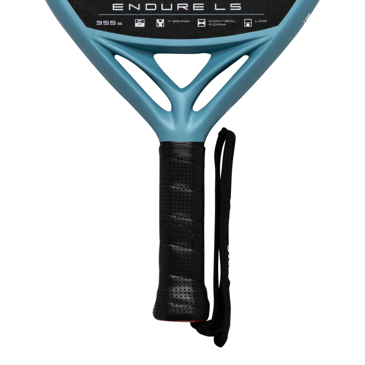 Close-up of a blue paddle's grip showing "WILSON" and a black wrist strap.
