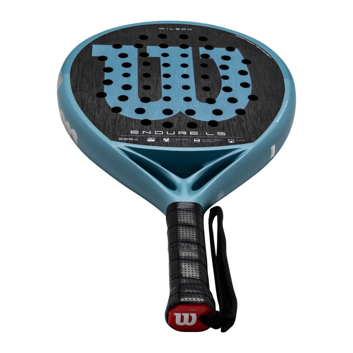 Top-down view of a light blue Wilson padel racket with a black grip and a large blue "W" logo.