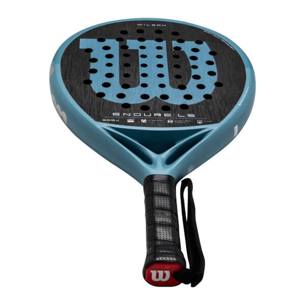 Top-down view of a light blue Wilson padel racket with a black grip and a large blue "W" logo.