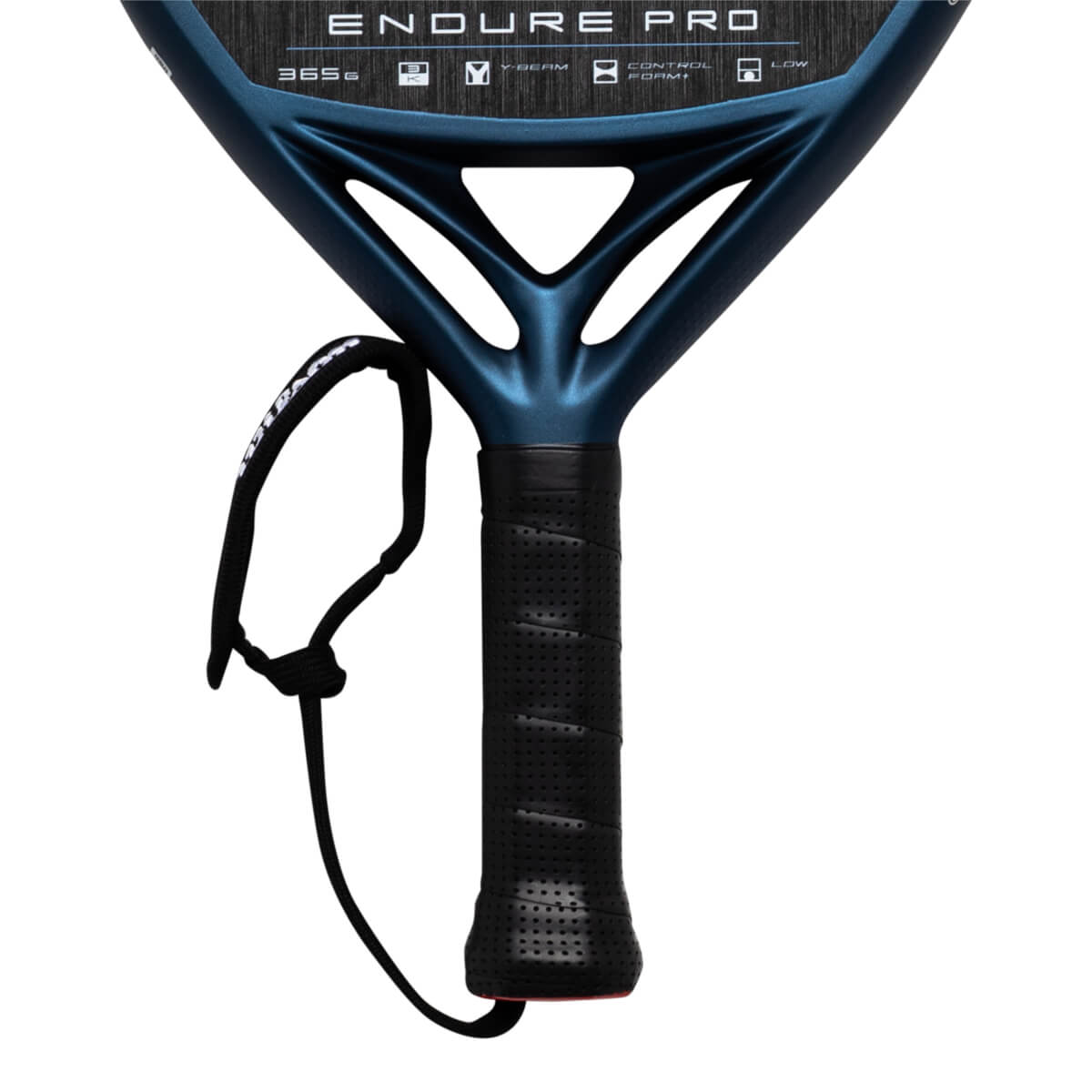 Close-up of the handle and neck of a blue "ENDURE PRO" racket, showing "365G" and "CONTROL FORM+".