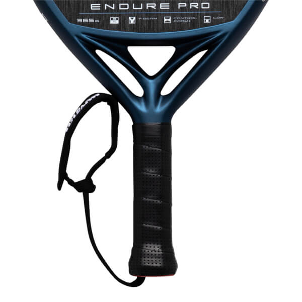 Close-up of the handle and neck of a blue "ENDURE PRO" racket, showing "365G" and "CONTROL FORM+".