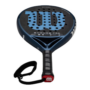Top-down view of a dark blue Wilson padel racket with a large blue "W" logo and "ENDURE PRO" text.