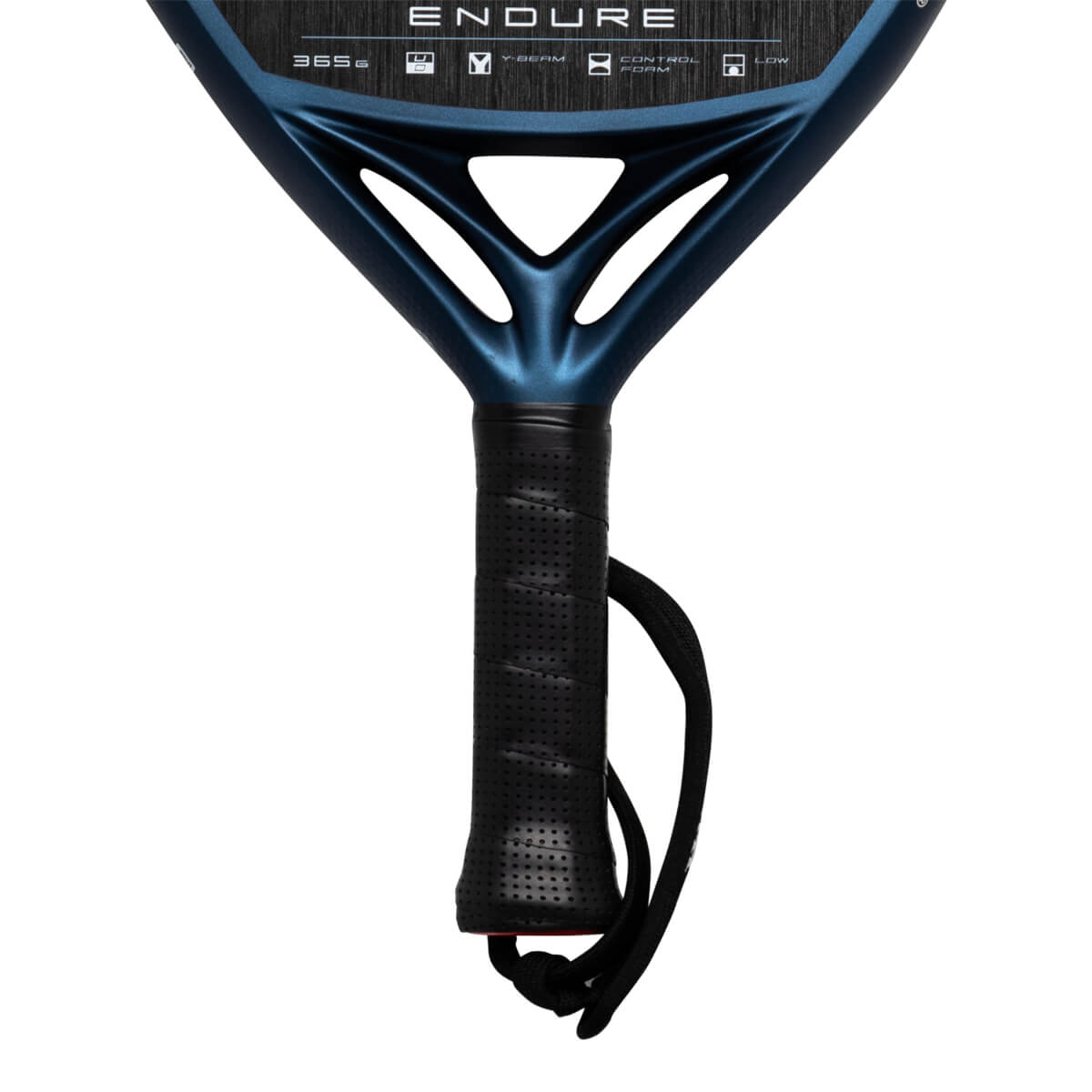 Close-up of the handle and neck of a blue ENDURE racket, showing the black grip and wrist strap.