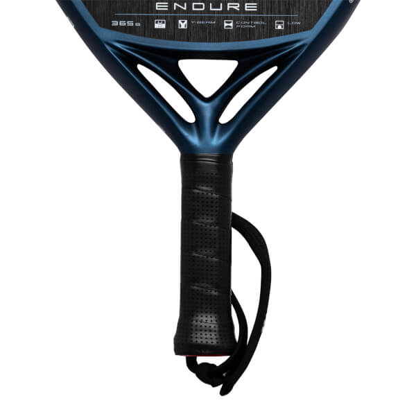 Close-up of the handle and neck of a blue ENDURE racket, showing the black grip and wrist strap.