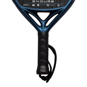 Close-up of the handle and neck of a blue ENDURE racket, showing the black grip and wrist strap.