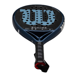 Top-down view of a dark blue Wilson padel racket with a large light blue "W" logo and "ENDURE" text.