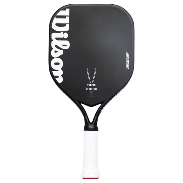 Front view of a black Wilson Vesper SF Control 17 pickleball paddle featuring a large vertical logo, STRIKEFOAM branding, and a white wrapped grip.