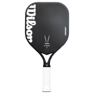 Front view of a black Wilson Vesper SF Control 17 pickleball paddle featuring a large vertical logo, STRIKEFOAM branding, and a white wrapped grip.