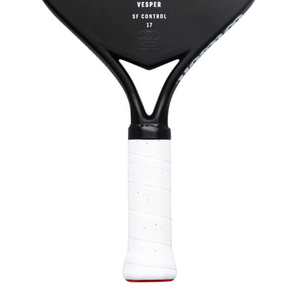 Close-up of the black paddle throat and white handle, with "VESPER SF CONTROL 17" and a USA Pickleball seal printed on the face.