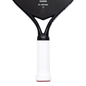 Close-up of the black paddle throat and white handle, with "VESPER SF CONTROL 17" and a USA Pickleball seal printed on the face.