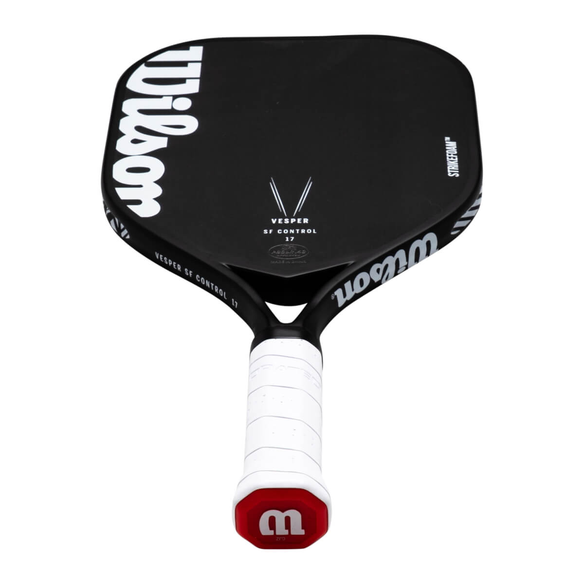 Angled front view of a black Wilson Vesper SF Control 17 pickleball paddle featuring a white grip, red end cap, and large white Wilson logo on the face.