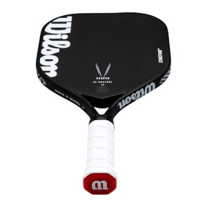 Angled front view of a black Wilson Vesper SF Control 17 pickleball paddle featuring a white grip, red end cap, and large white Wilson logo on the face.