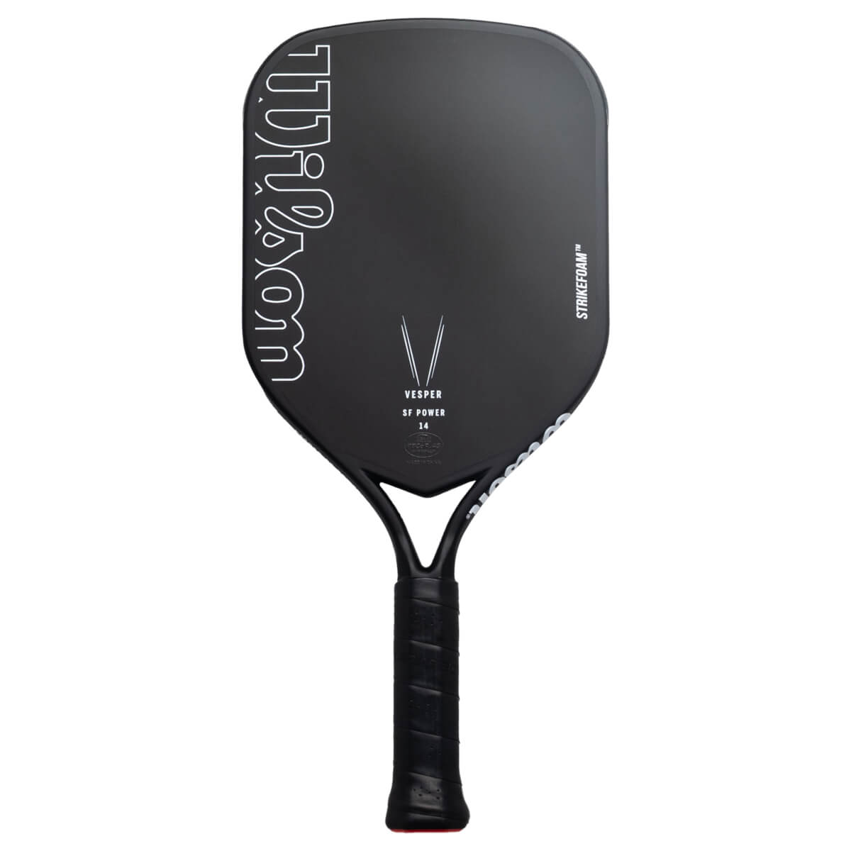 Front view of a matte black pickleball paddle featuring a white Wilson outline logo, VESPER SF POWER 14 text, and STRIKEFOAM branding on the side.