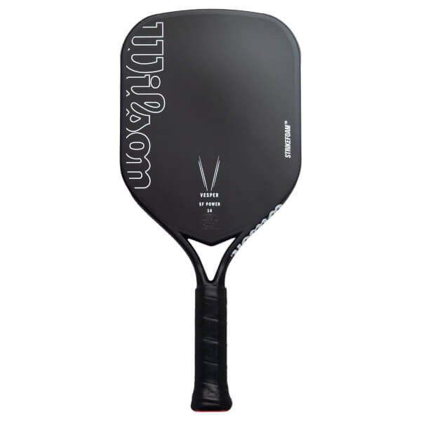 Front view of a matte black pickleball paddle featuring a white Wilson outline logo, VESPER SF POWER 14 text, and STRIKEFOAM branding on the side.