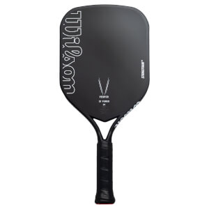 Front view of a matte black pickleball paddle featuring a white Wilson outline logo, VESPER SF POWER 14 text, and STRIKEFOAM branding on the side.