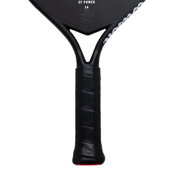 Close-up view of the paddle's textured black handle and throat, featuring a red base cap and the text "SF POWER 14" printed on the face.