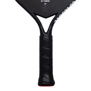 Close-up view of the paddle's textured black handle and throat, featuring a red base cap and the text "SF POWER 14" printed on the face.