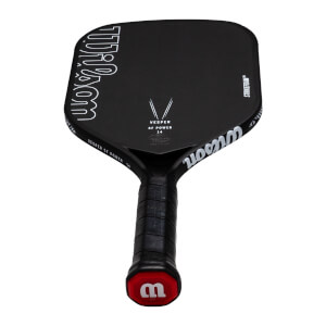 Front view of a black Wilson Vesper SF Power 14 pickleball paddle featuring STRIKEFOAM text on the face and a red end cap with a white W logo.