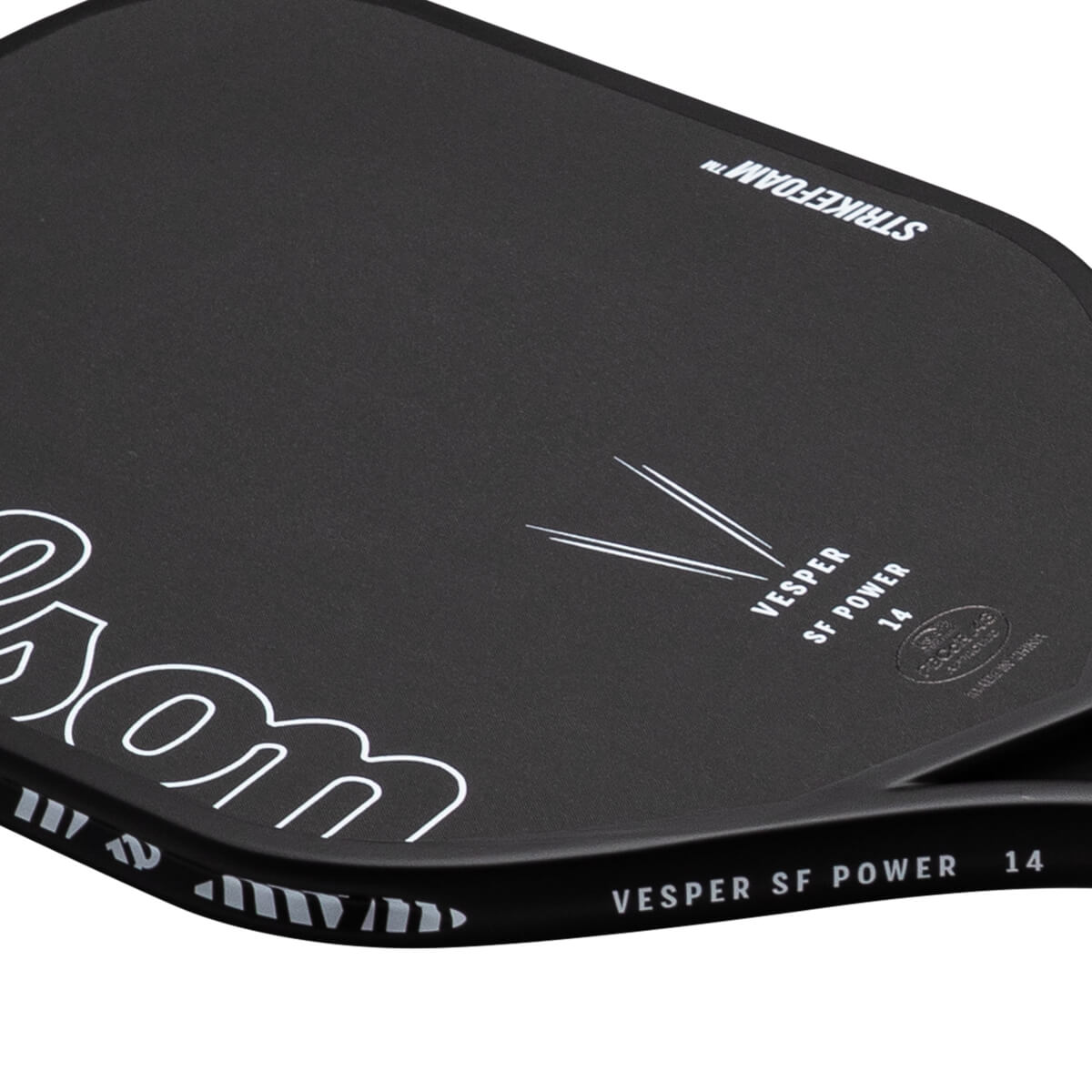 Close-up of a black paddle showing "VESPER SF POWER 14" and "STRIKEFOAM" text.