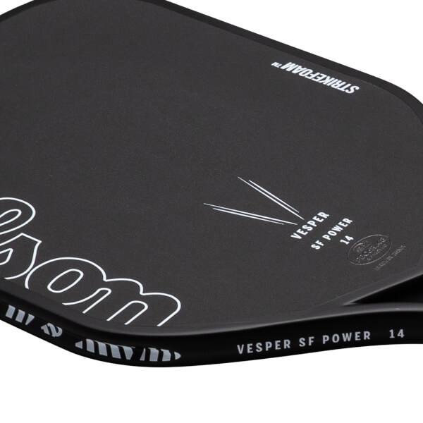 Close-up of a black paddle showing "VESPER SF POWER 14" and "STRIKEFOAM" text.