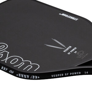 Close-up of a black paddle showing "VESPER SF POWER 14" and "STRIKEFOAM" text.
