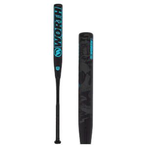 Front view of a black baseball bat with blue "WORTH" lettering and a USA Baseball logo.