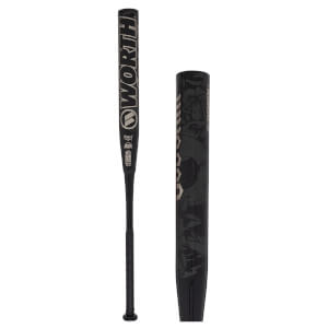Front view of a black baseball bat with "WORTH" logo, skull and floral graphics, and certification logos.