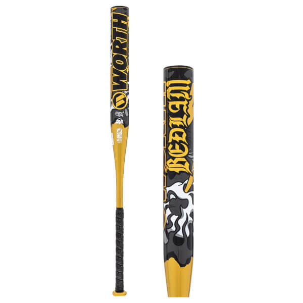 Side view and close-up of a gold, black, and white softball bat with WORTH on the handle, BEDLAM text, and flame graphics.