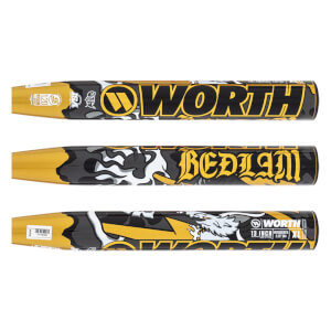 Full view of a gold, black, and white softball bat with WORTH and BEDLAM branding and a white dragon graphic.