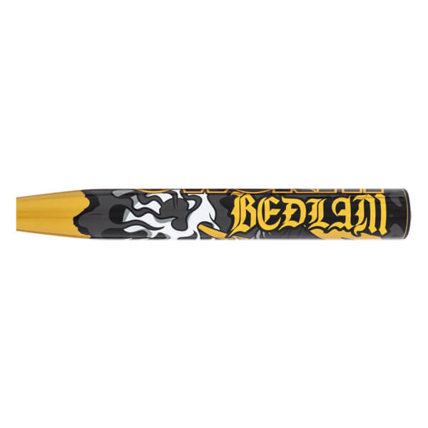 Side view of a black and gold softball bat with BEDLAM text and black, white, and gray flame graphics.