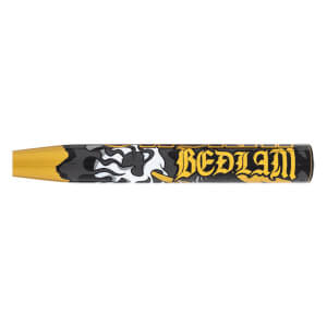 Side view of a black and gold softball bat with BEDLAM text and black, white, and gray flame graphics.