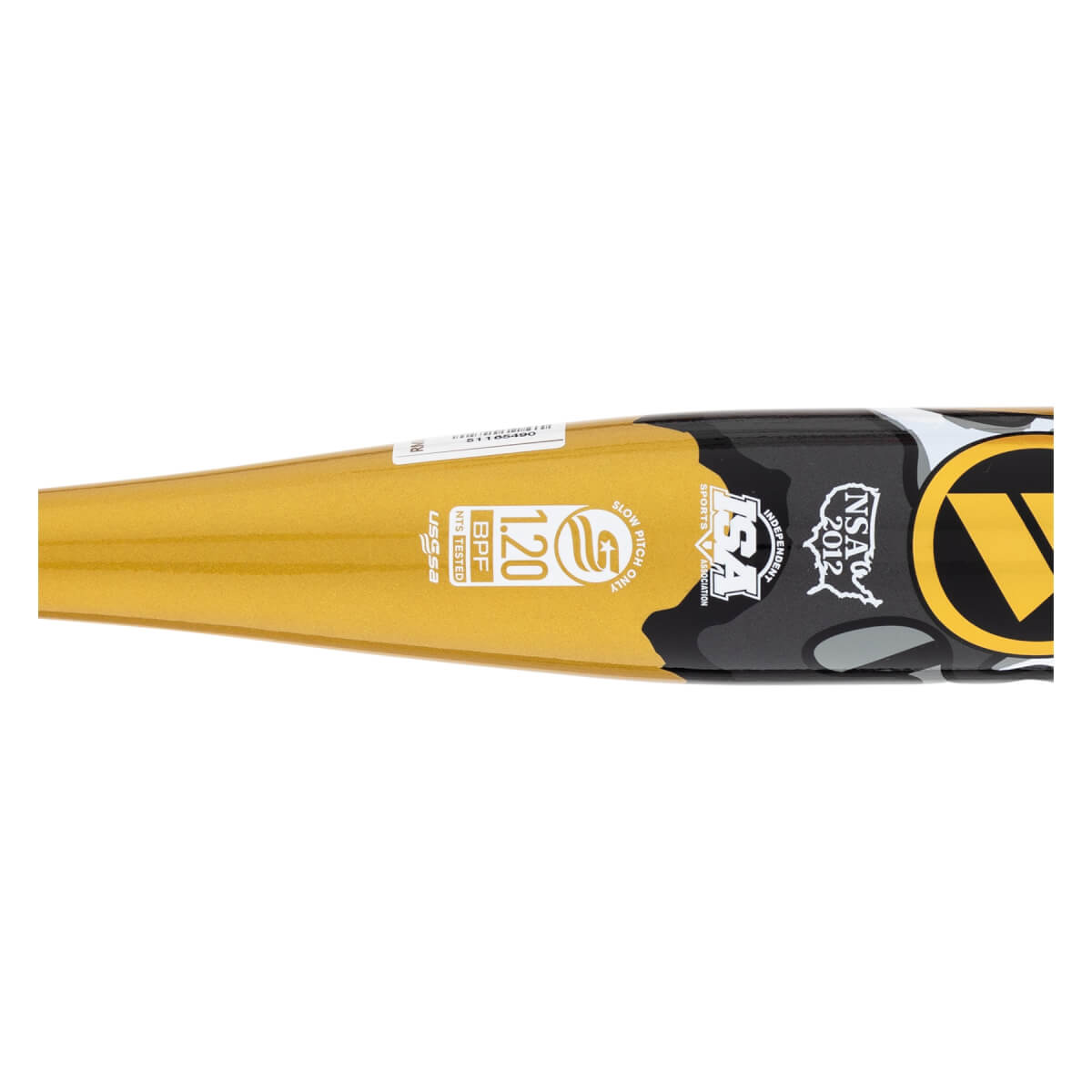 Close-up of a gold and black, white, gray camo softball bat with Worth logo, USSSA stamp, and 1.20 BPF rating.