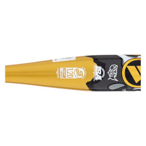 Close-up of a gold and black, white, gray camo softball bat with Worth logo, USSSA stamp, and 1.20 BPF rating.