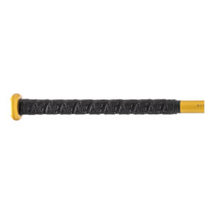 Side view of a black softball bat handle with a gold knob and patterned black grip.