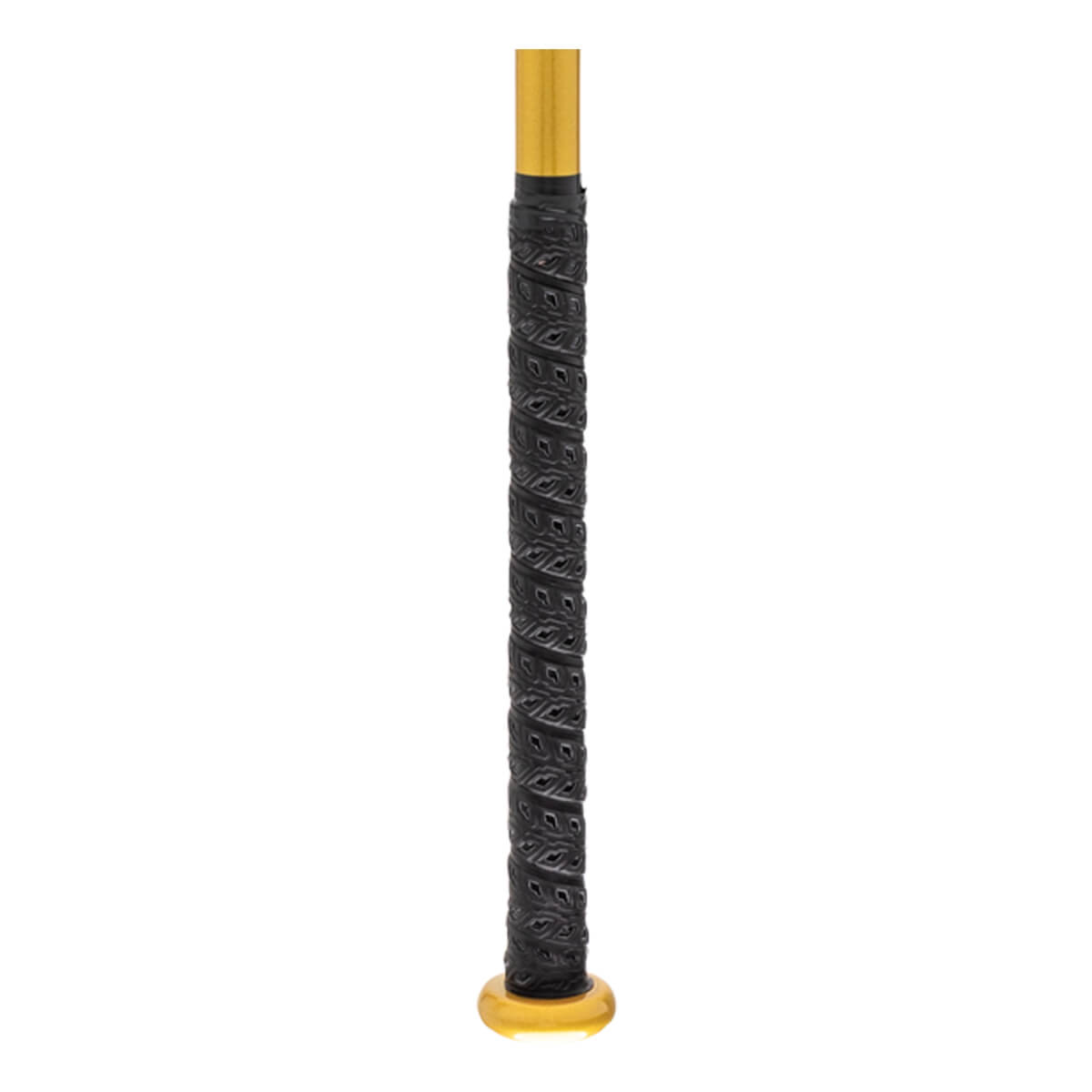 Close-up of a black softball bat grip with a textured spiral pattern, a gold knob, and a gold shaft.
