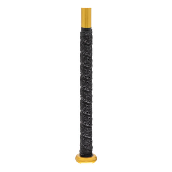 Close-up of a black softball bat grip with a textured spiral pattern, a gold knob, and a gold shaft.
