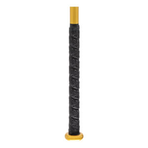 Close-up of a black softball bat grip with a textured spiral pattern, a gold knob, and a gold shaft.