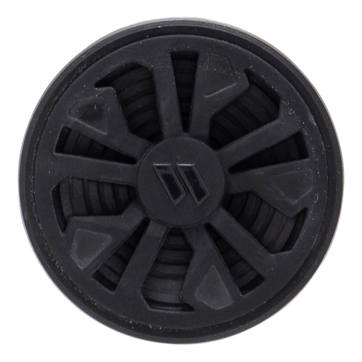 Top-down view of a black bat end cap with a geometric spoke design, a central W logo, and recessed concentric rings.