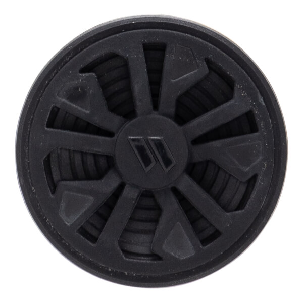 Top-down view of a black bat end cap with a geometric spoke design, a central W logo, and recessed concentric rings.