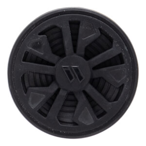 Top-down view of a black bat end cap with a geometric spoke design, a central W logo, and recessed concentric rings.
