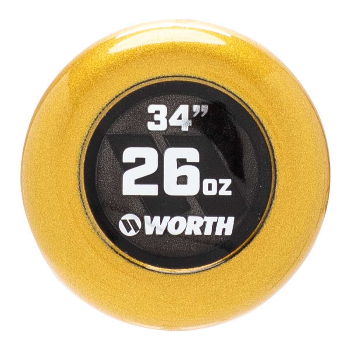 Top-down close-up of a metallic gold softball bat end cap with a black circle displaying 34, 26oz, and WORTH logo.