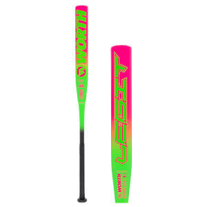 Side view of a neon green and pink baseball bat with "WORTH" and "XL" in large green lettering.