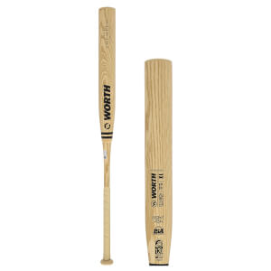 Side view of a wooden baseball bat with "WORTH THUMPER SLOW PITCH" and "XL" visible.