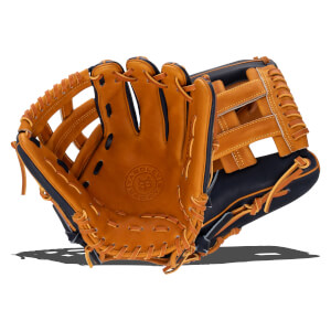 Palm-side view of a 12-inch tan and navy baseball glove with tan lacing and an H-web, featuring a circular "YARDLEY SPORTS" logo embossed in the center palm.